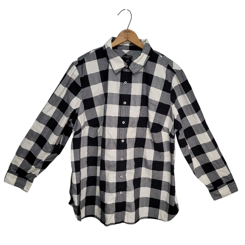 Talbots Womens Black White Buffalo Plaid Long Sleeve Button Up Shirt 2X Flannel